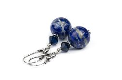 Kolczyki Lapis Lazuli 12mm, Swarovski bicone, srebro 925 oksydowane