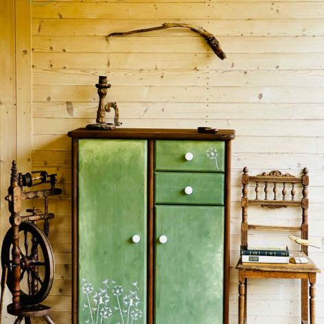 Ręcznie malowana, zielona komoda, szafka na buty, bieliźniarka, dmuchawce