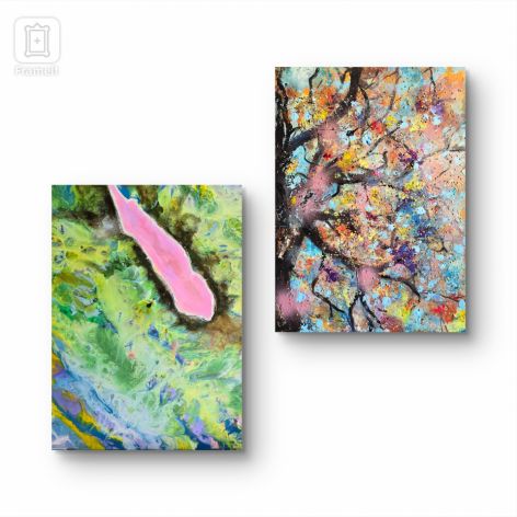 Kompozycja prac na płótnie,  Hillier- Whitsunday i bukowe zauroczenie,  50x40x2 cm.