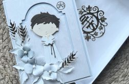 154,KOMUNIA, Kartka na komunię dla chłopca w pudełku z życzeniami