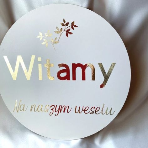 Okrągła weselna tablica powitalna złote napisy glamour