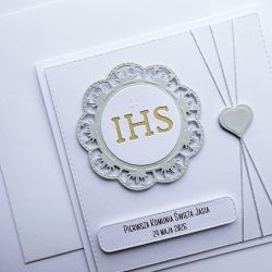 Minimalistyczna kartka komunijna biało-szara 