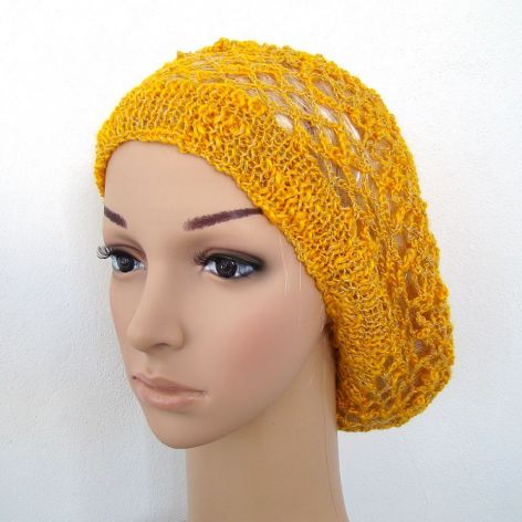 ażurowy beret wiosenno-jesienny w kolorystyce żółto-pomarańczowej