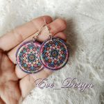 Kolczyki decoupage drewniane koła mandala fioletowa - 