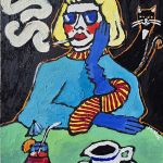 obraz olejny babcia przy zielonym stole - 