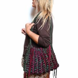 Duża torba z recyklingu – ręcznie szydełkowana, boho oliwkowo bordowa
