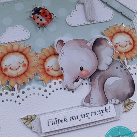 Kartka na roczek dla chłopczyka z uroczym słonikiem, personalizacja