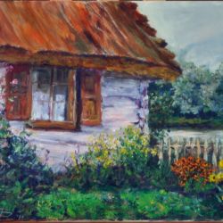 Bielona wiejska chata z ogródkiem rustyk