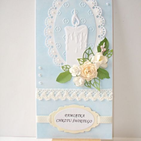 Błękitna kartka na chrzest ze świeczką