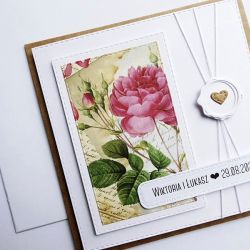 Rustykalna kartka ślubna z różą z życzeniami