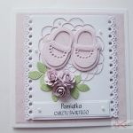 Kartka PAMIĄTKA CHRZTU z bucikami #9 - Różowo-biała kartka na chrzest z bucikami