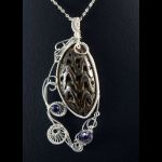 Srebrny wisior ze skamieliną pokrytą pirytem - Sterling Silver pendant with pyritized ammonite and charoite beads fool's gold gift for her gift for mom perfect present unique artisan