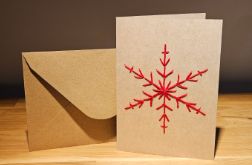 Kartka świąteczna - haftowana - śnieżynka czerwona