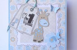 Kartka na roczek z żyrafą niebieska