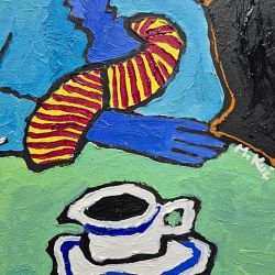 obraz olejny babcia przy zielonym stole