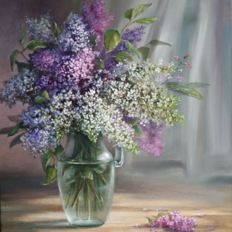 Kwiaty- Bzy w wazonie, ręcznie malowany, olej