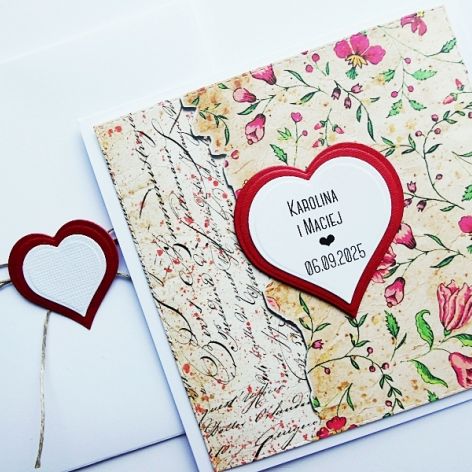 Kartka na ślub z czerwonymi kwiatami retro 
