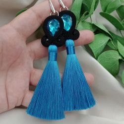 Kolczyki boho chwosty czarne sutasz turkusowe