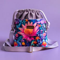 Fioletowa torebka listonoszka z kominem w kwiaty z weluru