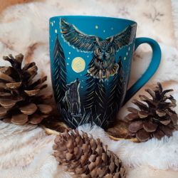 ręcznie malowany sowa i wilk pełnia księżyca kubek 300 ml.