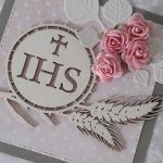 Kartka Komunia Święta IHS różowa różyczki - 