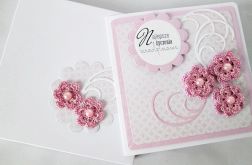 Kartka ŻYCZENIA URODZINOWE różowo-biała