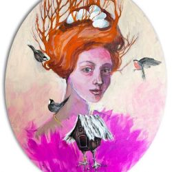 "Gniazdo" obraz akrylowy na płótnie owalnym artystki Adriany Laube - magiczny portret