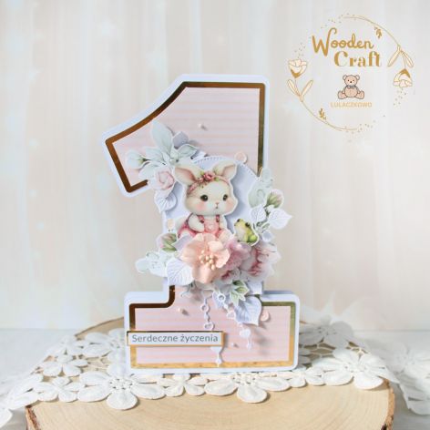 Kartka cyferka na roczek "Bunny Love 1"GOTOWA