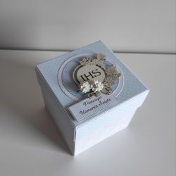 Exploding box pudełeczko na Komunię Świętą niebieskie