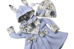 Komplet płaszczyk z uszkami czapka chustka błękit r.80/86