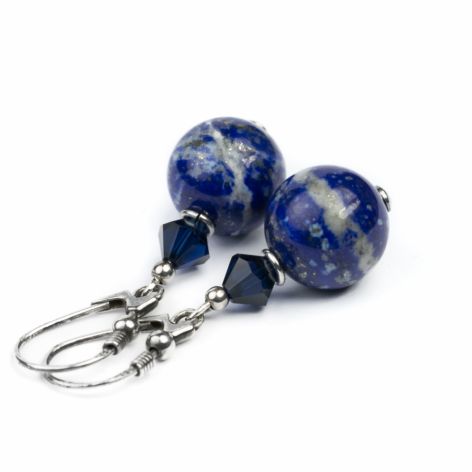 Kolczyki Lapis Lazuli 12mm, Swarovski bicone, srebro 925 oksydowane