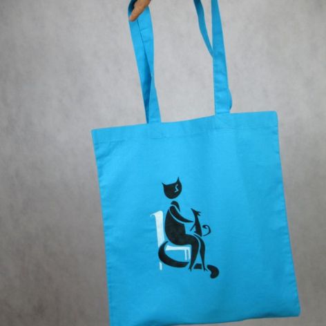 Niebieska torba z bawełny Kot i Pies malowana