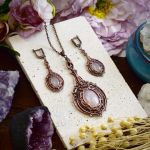 Wiktoriański miedziany zestaw - kolczyki i wisiorek z różowym kwarcem #S5 - 