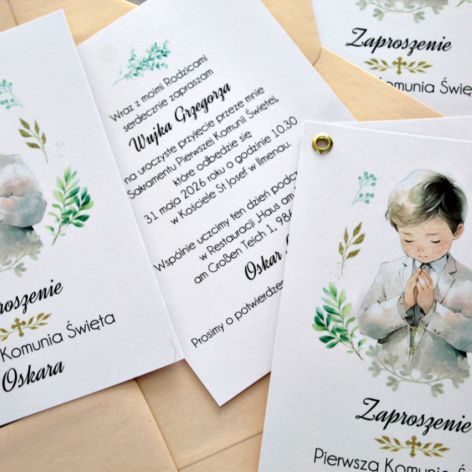 Delikatne zaproszenie komunijne - Chłopiec