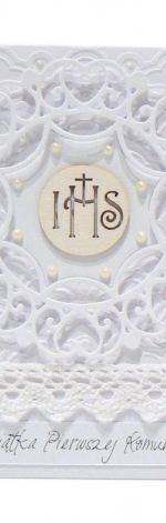 Pamiątka Komunii Świętej biała koronka IHS
