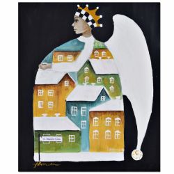 Kolorchatkowo III, obraz anioł kolorowe domki ręcznie malowany na płótnie