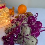Dekoracja świąteczna z filcu z ozdobnym haftem - wzór 002 - Zestaw ozdób świątecznych - szary melanż/purpura