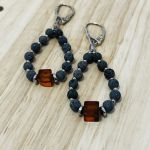Kolczyki długie z bursztynem i lawą wulkaniczną  - Kolczyki handmade