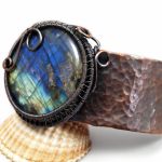 Szeroka miedziana bransoletka z labradorytem, - labradoryt i miedz bransoletka wire wrapped
