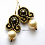 perły kolczyki sutasz,złoto i czarny - perły swarovski , biżuteria sutasz
