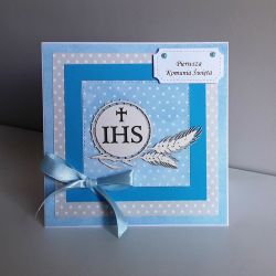Kartka Komunia Święta niebieska IHS