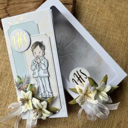 152,Komplet komunijny -kartka w pudełku dla chłopca z życzeniami