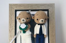 Maskotki ślubne misie w złotej ramce