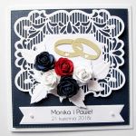 Kartka PAMIĄTKA ŚLUBU granatowo-biała - Granatowo-biała kartka na ślub z różami