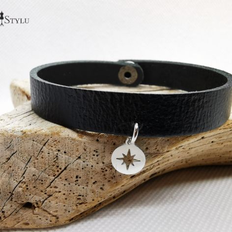 Skórzana bransoletka damska czarna z różą wiatrów
