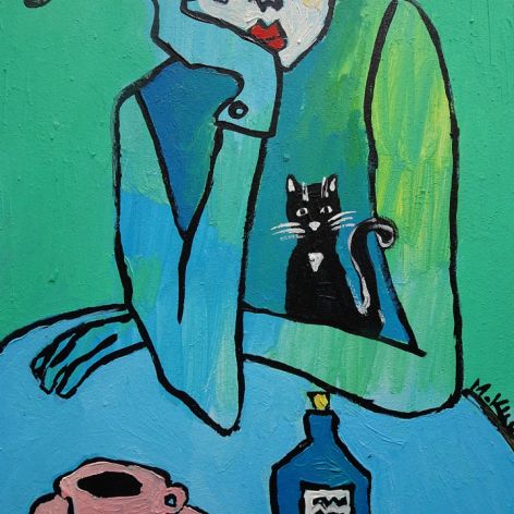  obraz olejny dama z czarnym kotkiem do salonu 