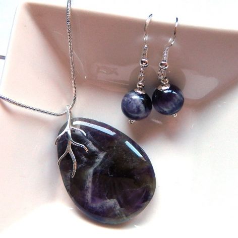Ametyst naturalny i srebro, komplet biżuterii