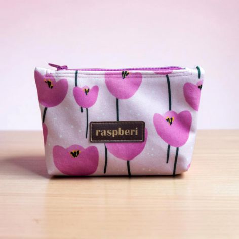 Etui na klucze z różowego weluru w tulipany – handmade I