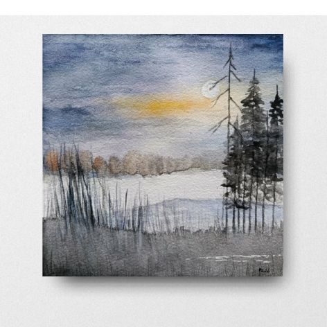 Pejzaż-akwarela formatu 20x20 cm.