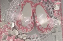 Kartka na Chrzest z bucikami w różu